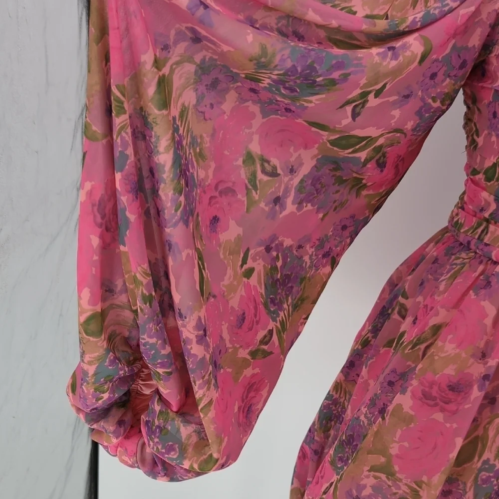 For Love & Lemon Floral One Shoulder Mini Dress Pink 1X party cocktail 80s 90s - Picture 6 of 11